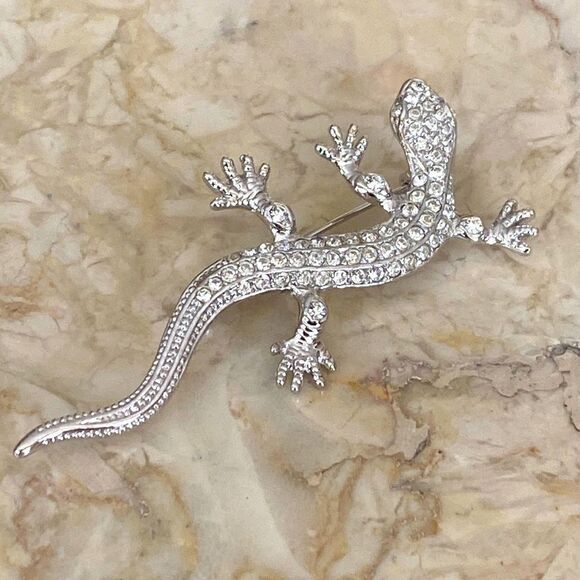 Silver Tone Crystals Salamander Brooch - Picture 1 of 8